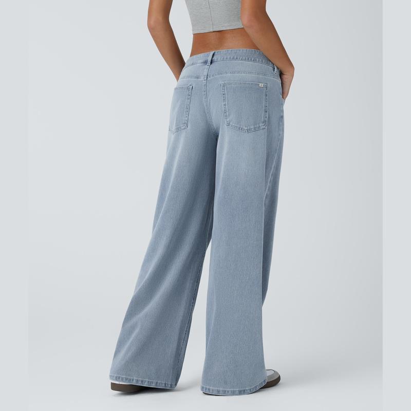 Lunimo™ Asymmetric Low Rise Button Zipper Multiple Pockets Baggy Wide Leg Washed Stretchy Knit Casual Jeans