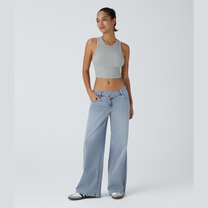 Lunimo™ Asymmetric Low Rise Button Zipper Multiple Pockets Baggy Wide Leg Washed Stretchy Knit Casual Jeans