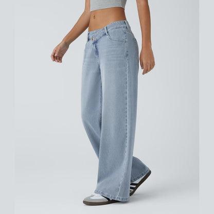 Lunimo™ Asymmetric Low Rise Button Zipper Multiple Pockets Baggy Wide Leg Washed Stretchy Knit Casual Jeans