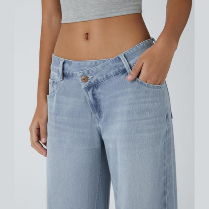 Lunimo™ Asymmetric Low Rise Button Zipper Multiple Pockets Baggy Wide Leg Washed Stretchy Knit Casual Jeans