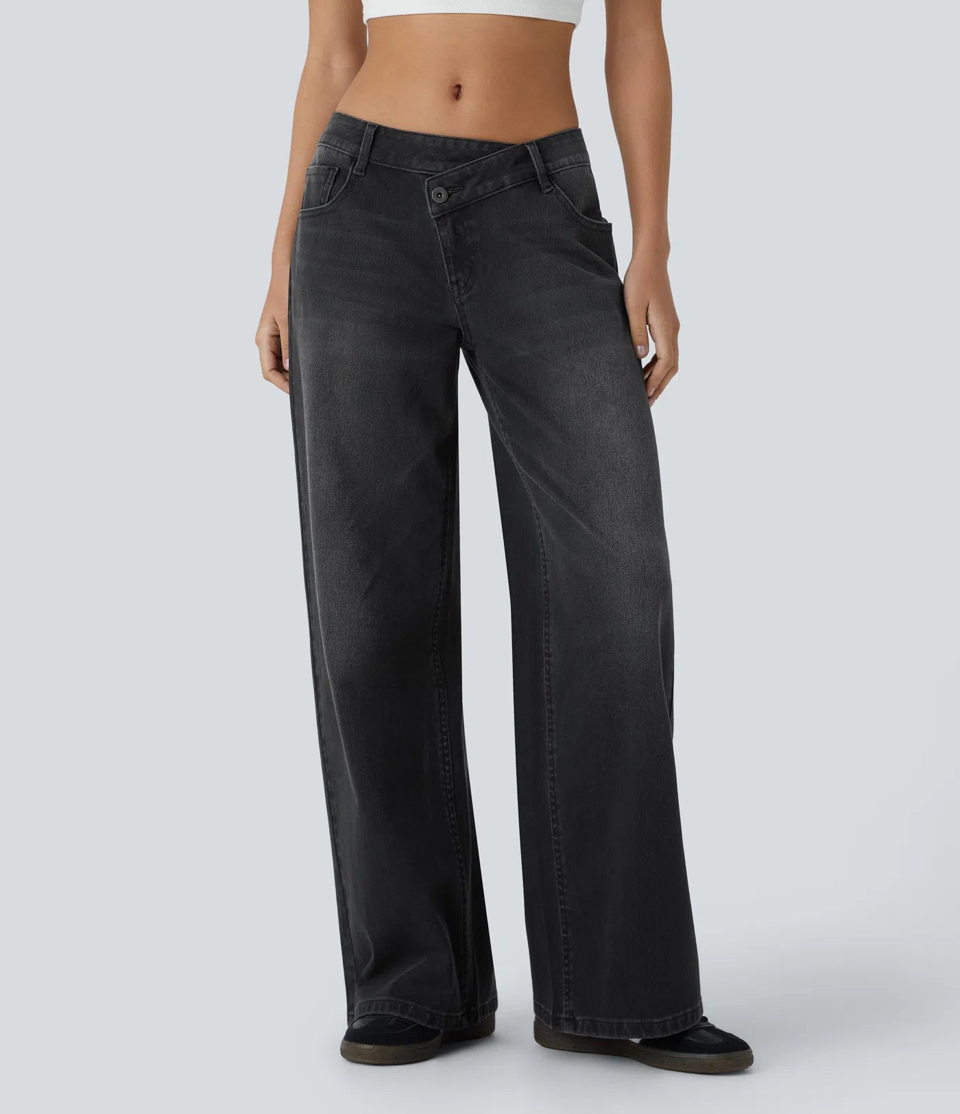 Lunimo™ Asymmetric Low Rise Button Zipper Multiple Pockets Baggy Wide Leg Washed Stretchy Knit Casual Jeans