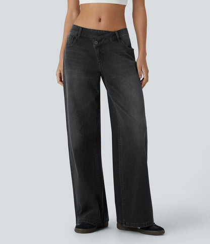 Lunimo™ Asymmetric Low Rise Button Zipper Multiple Pockets Baggy Wide Leg Washed Stretchy Knit Casual Jeans